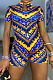 Blue Yellow Summer Fashion Positioning Printing Slim Fitting Zipper Romper Shorts OEP6297-4