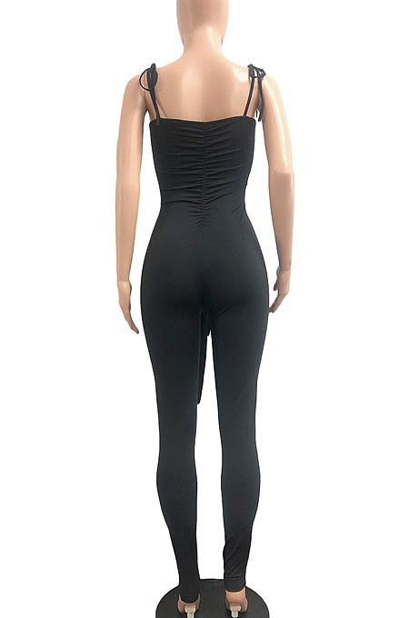 Black Women Casual Pure Color Back Ruffle Condole Belt Bandage Bodycon Jumpsuits JP1050-1