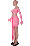 Pink Sexy Bandeau Bra Bind Flare Sleeve Net Yarn Fashion Two Piece SZS8067-1
