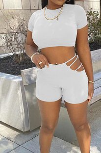 White Casual Dew Waist Round Neck Slim Fitting T Shirts Shorts Two Piece SM9193-3