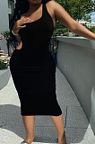 Black Pure Color One Shoulder Back Hollow Out Screw Thread Midi Dress XQ1133-3