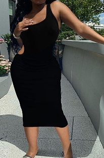 Black Pure Color One Shoulder Back Hollow Out Screw Thread Midi Dress XQ1133-3