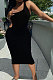 Black Pure Color One Shoulder Back Hollow Out Screw Thread Midi Dress XQ1133-3