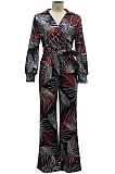 Black Leaf  Fashion Sexy Digital Printing V Neck Wide Leg Jumpsuits SMR10324-3