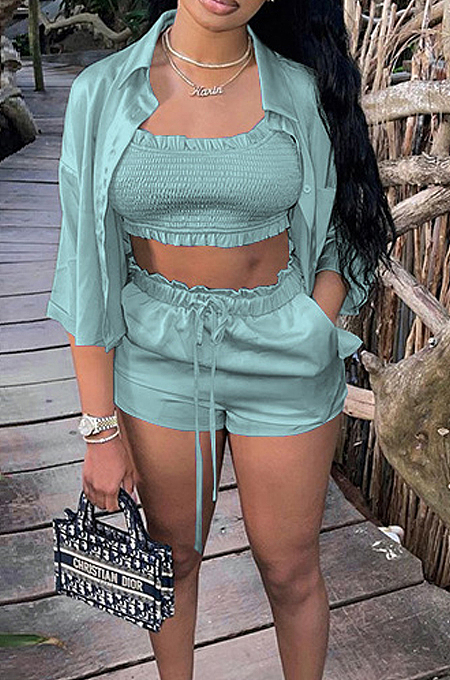 Light Cyan High Elastic Satin Wave Edge Spininess Rubber String Pull A Wrinkled Shirt Shorts Three Piece SZS8036-2