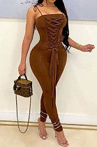 Brwon Women Casual Pure Color Back Ruffle Condole Belt Bandage Bodycon Jumpsuits JP1050-2