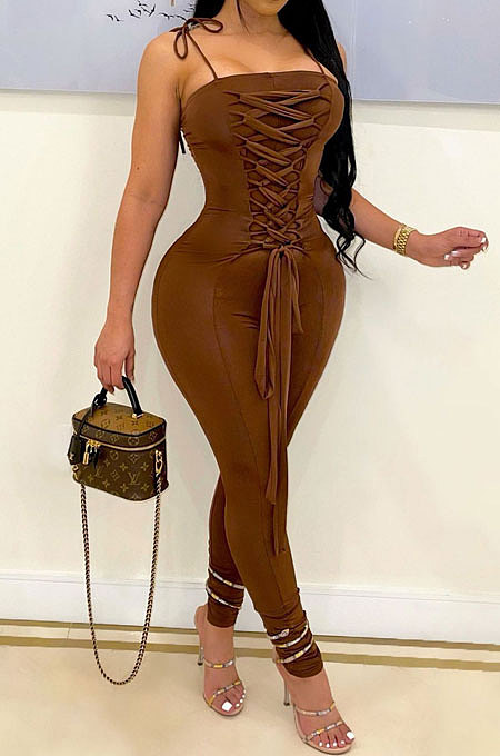 Brwon Women Casual Pure Color Back Ruffle Condole Belt Bandage Bodycon Jumpsuits JP1050-2