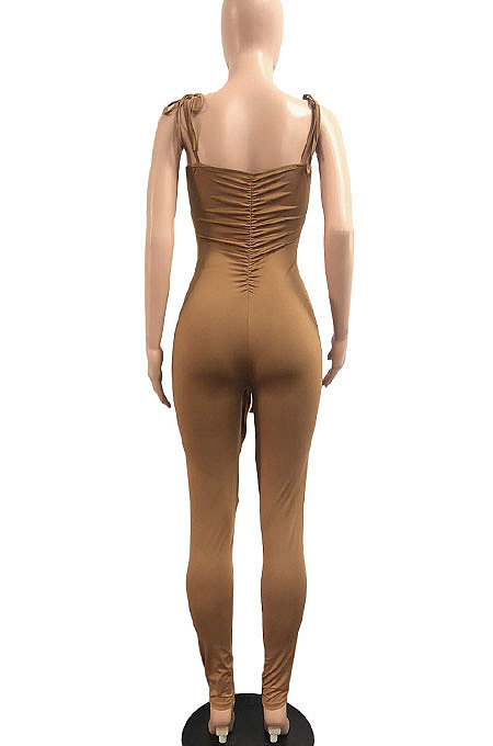 Brwon Women Casual Pure Color Back Ruffle Condole Belt Bandage Bodycon Jumpsuits JP1050-2