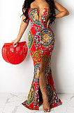 Red Fashion Sleeveless Chain Chest Binding Bodycon Open Fork Long Dress XZ5166-1