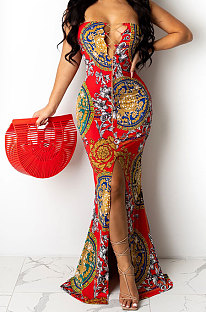 Red Fashion Sleeveless Chain Chest Binding Bodycon Open Fork Long Dress XZ5166-1
