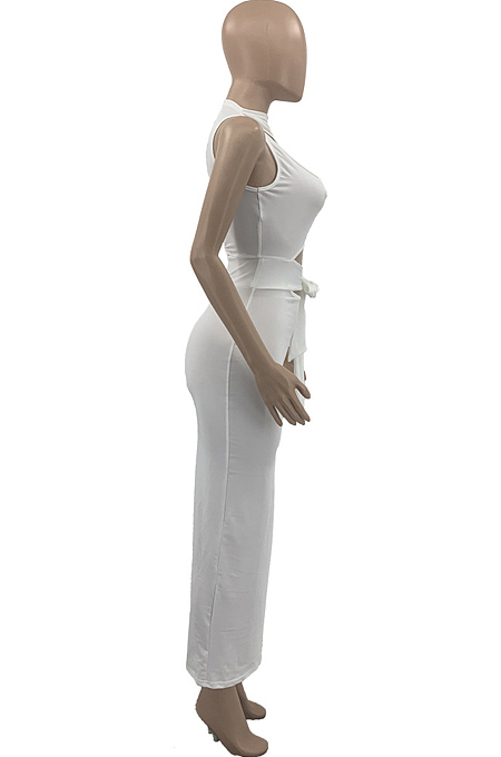White Fashion Hole Hollow Out Knotted Strap Casual One Sleeve Long Dress KY3086-1