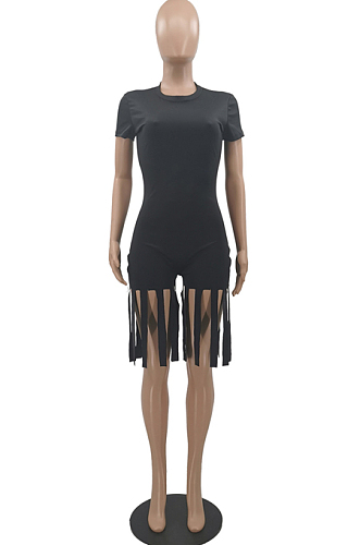 Black Summer Casual Pure Color Tassel Jumpsuits KSN8089-1