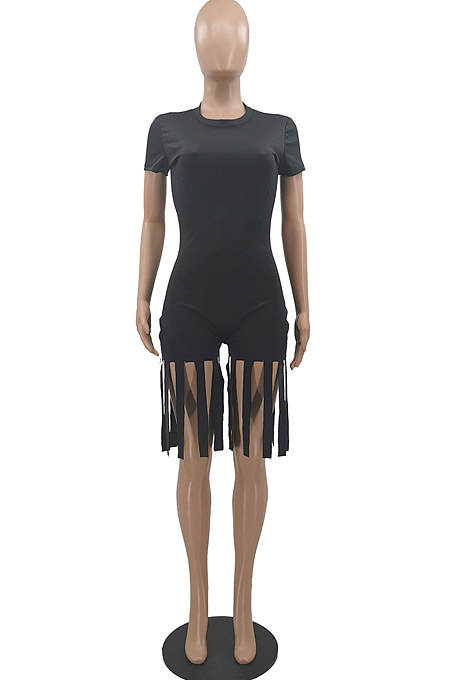Black Summer Casual Pure Color Tassel Jumpsuits KSN8089-1