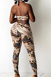 Earth Yellow Sexy Digital Printing Hurnt Flower Hole Strapless Halter Neck Fashion Two Piece SZS8086-2