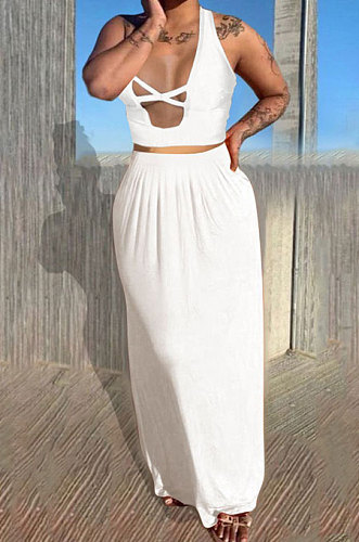 White Euramerican Women Pure Color Loose Sexy Top Skirts Sets JR3637-4