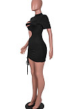 Black Women Sexy Hollow Out Pure Color Short Sleeve Mini Dress MA6716