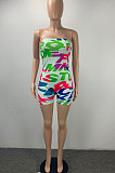 Green Women Fashion Bodycon Printing Off Shoulder Boob Tube Top Romper Shorts ML7449-3