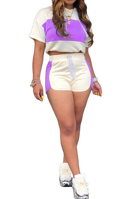 Purple Fashion Spliced Casual Hoodies Shorts Sets ML7220-1