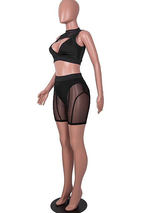 Black Summer Net Yarn Spliced Strapless Sleeveless Fashion Sexy Two Piece SZS8091-1