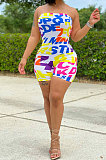 Blue Women Fashion Bodycon Printing Off Shoulder Boob Tube Top Romper Shorts ML7449-2