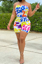 Blue Women Fashion Bodycon Printing Off Shoulder Boob Tube Top Romper Shorts ML7449-2