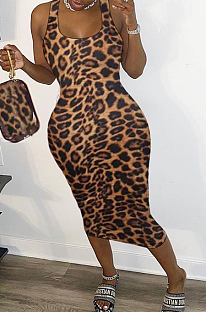 Coffee Euraemrican Hollow Out Sexy Leipard Print Tank Long Dress MK059 