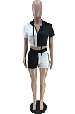 White  Hoodie Pocket Zipper Dew Waist Top Shorts Sports Sets QC8009-2