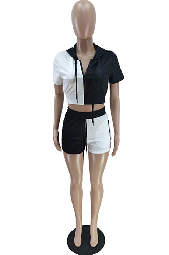 White  Hoodie Pocket Zipper Dew Waist Top Shorts Sports Sets QC8009-2