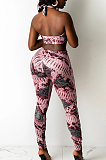 Rose Red Sexy Digital Printing Hurnt Flower Hole Strapless Halter Neck Fashion Two Piece SZS8086-1