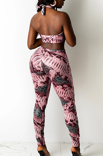 Rose Red Sexy Digital Printing Hurnt Flower Hole Strapless Halter Neck Fashion Two Piece SZS8086-1