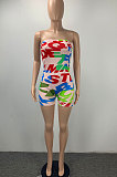 Red Women Fashion Bodycon Printing Off Shoulder Boob Tube Top Romper Shorts ML7449-1