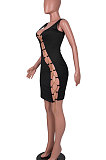 Black Women Sexy Condole Belt Chain Cross Mini Dress MA6704-2