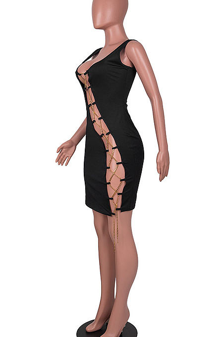 Black Women Sexy Condole Belt Chain Cross Mini Dress MA6704-2