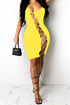 Yellow Women Sexy Condole Belt Chain Cross Mini Dress MA6704-3