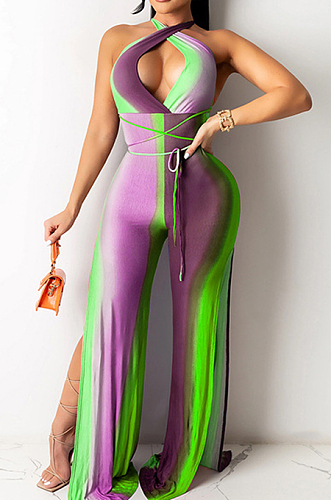Neon Green Digital Printing Halter Neck Strapless Drawsting Dew Leg Jumpsuits SZS8093-3