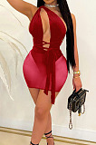 Wine Red Euramerican Sexy Net Yarn Perspctive Slim Fitting Dress A8609-4