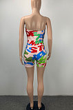 Red Women Fashion Bodycon Printing Off Shoulder Boob Tube Top Romper Shorts ML7449-1