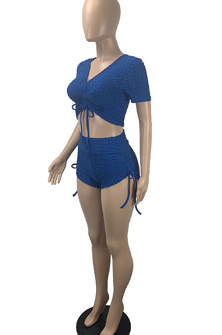 Blue Women Trendy Sport Sexy Elastic Force Drawsting Shorts Sets ML7447-1