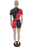 Red Hoodie Pocket Zipper Dew Waist Top Shorts Sports Sets QC8009-1