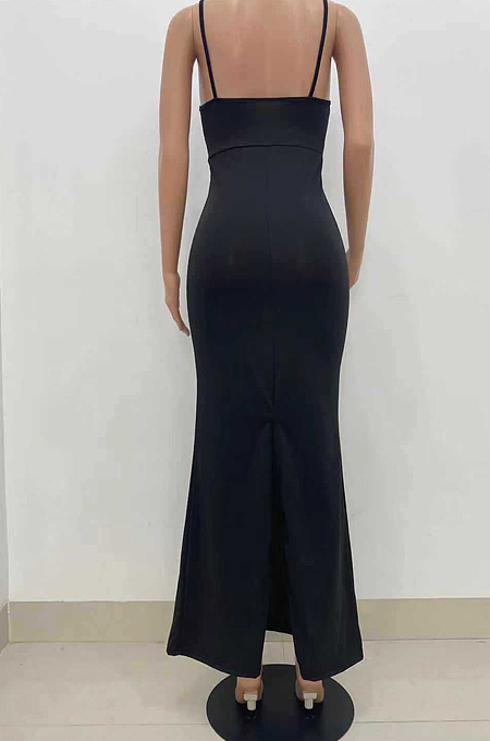 Black Summer Fashion Pure Color Sexy Sling Backless Long Dress ZQ8108-2