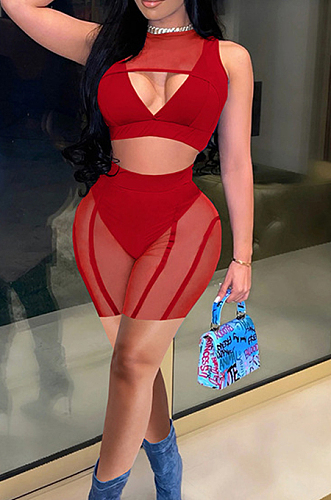 Red Summer Net Yarn Spliced Strapless Sleeveless Fashion Sexy Two Piece SZS8091-2