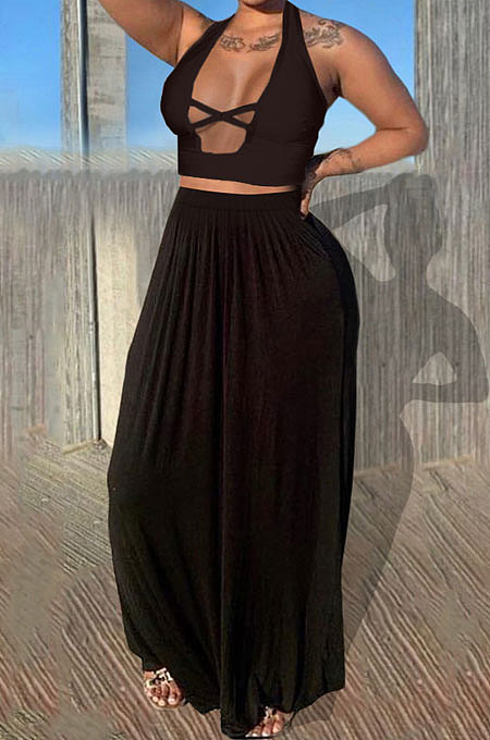 Black Euramerican Women Pure Color Loose Sexy Top Skirts Sets JR3637-1