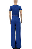 Blue Women Pit Bar Pure Color Casual Pants Sets JR3635-1