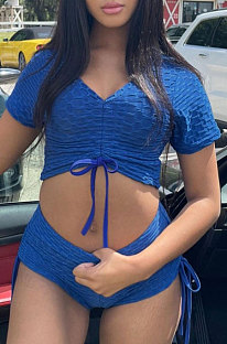 Blue Women Trendy Sport Sexy Elastic Force Drawsting Shorts Sets ML7447-1