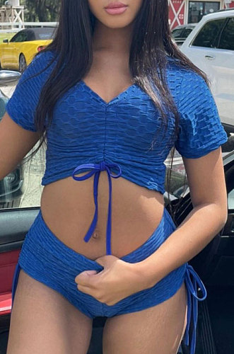Blue Women Trendy Sport Sexy Elastic Force Drawsting Shorts Sets ML7447-1
