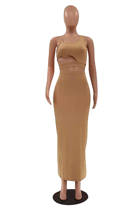 Brown Fashion Pure Color Hole Random Backless Tank Long Skirts Two Piece LSZ91173-1