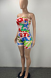 Red Women Fashion Bodycon Printing Off Shoulder Boob Tube Top Romper Shorts ML7449-1