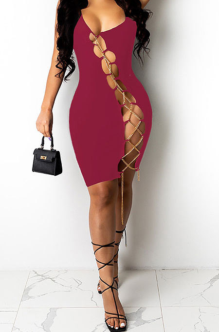 Wine Red Women Sexy Condole Belt Chain Cross Mini Dress MA6704-4