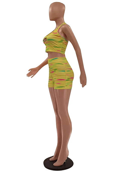 Rainbow Yellow Fashion Rainbow Ice Silk Screw Thread Printing Sling Tank Two Piece LSZ91172