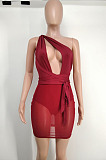 Wine Red Euramerican Sexy Net Yarn Perspctive Slim Fitting Dress A8609-4
